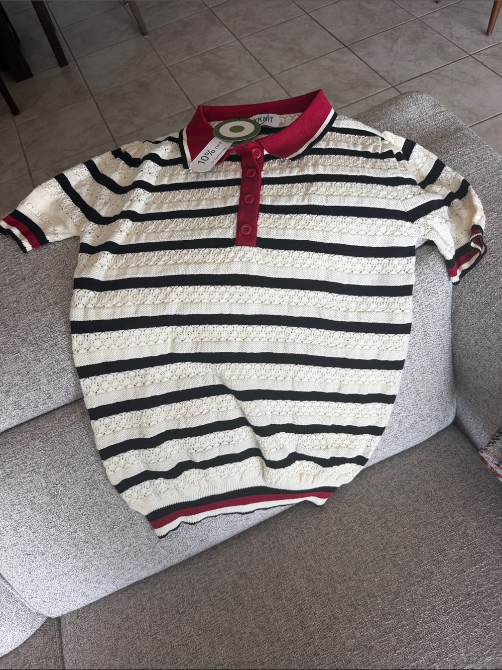 Women’s Striped Polo Shirt - White with Black & Red Trim